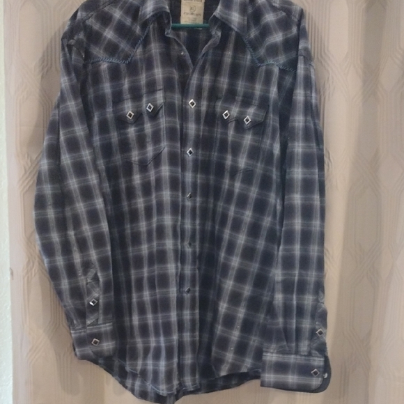 Rough Stock Panhandle Slim Diamond Snap Navy Plaid Men's Western Shirt XL - Picture 3 of 8